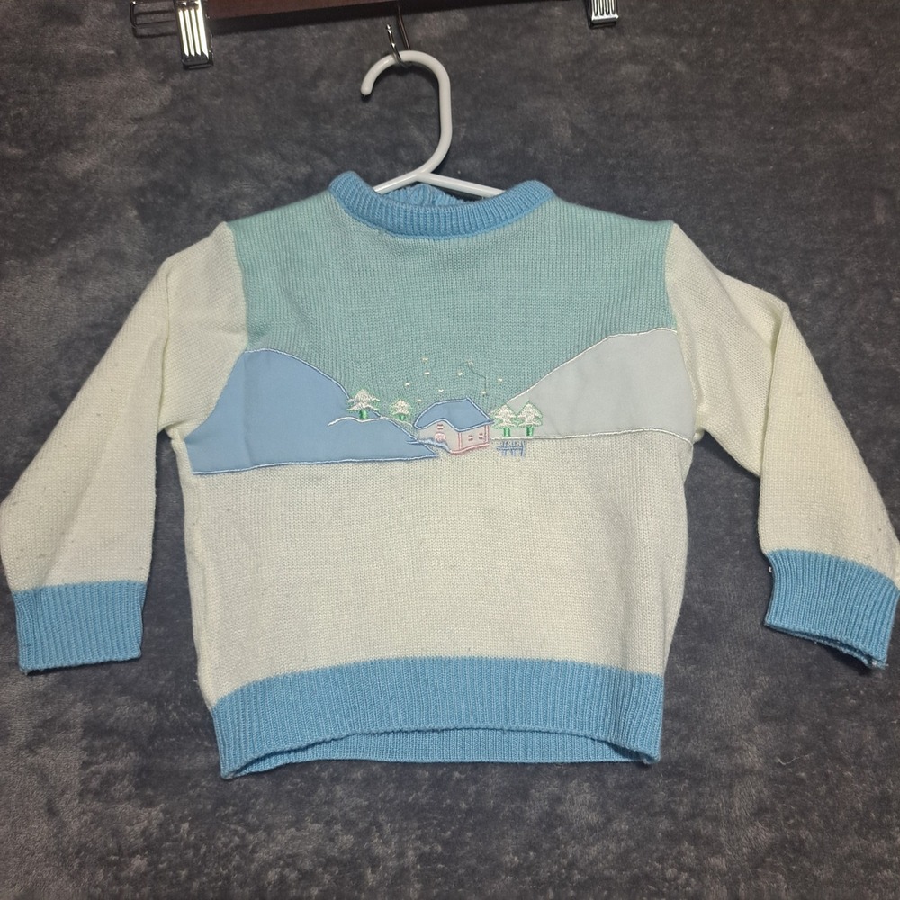 VTG Baby Kisses 18M Sweater Blue White Winter House Embroidered Pullover
